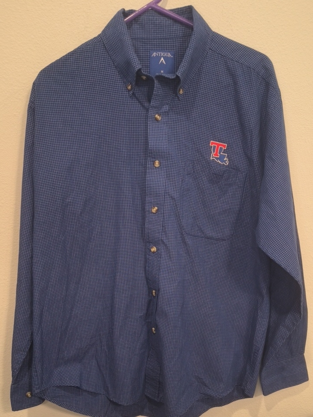 Antigua Blue Micro-Check Button-Down Shirt with Louisiana Tech Logo Medium
